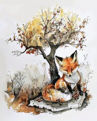 Fototapeta premium A watercolor painting of a fox sleeping under a tree