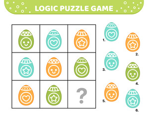 Logic puzzle game. Blue, orange, green Easter eggs. For kids. Cartoon