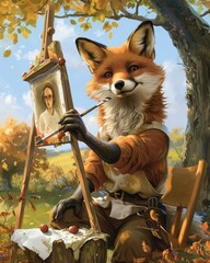 Fototapeta premium A fox in a field painting on an easel with a paintbrush in its mouth. The fox is wearing a brown shirt and a beret. The painting on the easel is of a human woman.