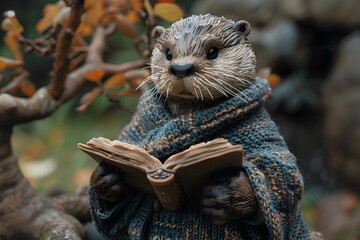 Whimsical Otter in Preppy Cardigan Reading Miniature Book Under Tiny Tree - obrazy, fototapety, plakaty