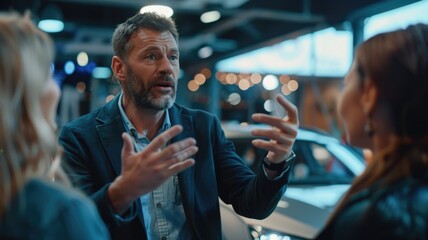 man explaining car features to an interested group, focusing on his expressive hand gestures and the attentive audience.