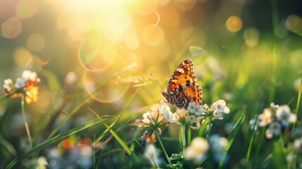 Beautiful butterflies flying over flowers and grass in fresh morning sunlight bokeh - obrazy, fototapety, plakaty
