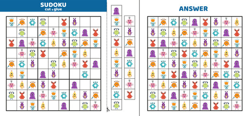 Hard sudoku with nine aliens. Game puzzle for little kids. Cut and glue. Cartoon