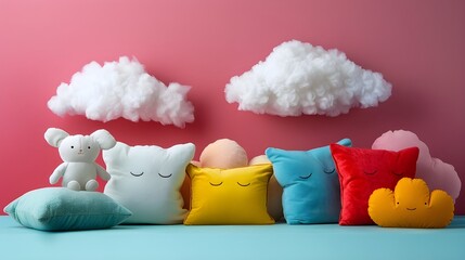Pillow and clouds against red background. - obrazy, fototapety, plakaty