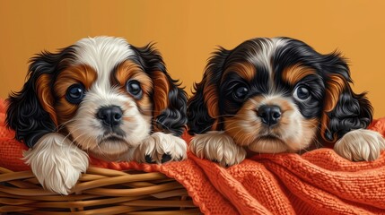 two cute and happy beige and white Cavalier King Charles Spaniel puppies as they play joyfully in a basket adorned with an orange blanket, set against a cheerful yellow background.