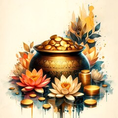 Akshaya tritiya watercolor style background with a pot with gold coins and decoration.