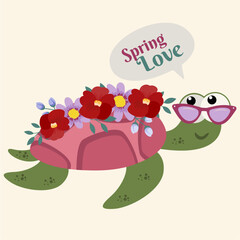 Flat Design Spring love Illustration with Turtle and Flowers Decoration