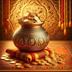 Akshaya tritiya background with a ornate pot with golden coins.