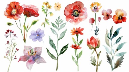 Watercolor Floral Elements on White Background Generative AI