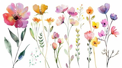Watercolor Floral Elements on White Background Generative AI