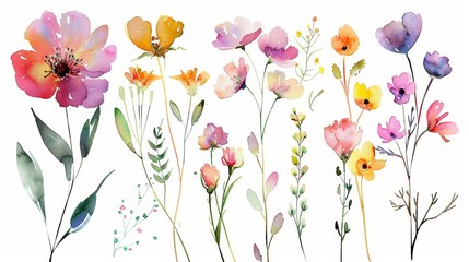 Obraz premium Watercolor Floral Elements on White Background Generative AI