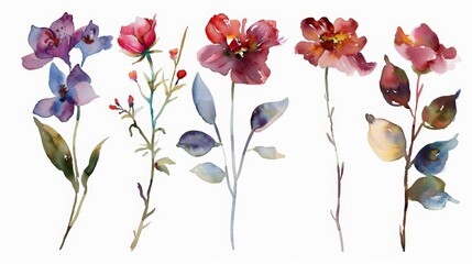 Watercolor Floral Elements on White Background Generative AI