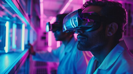 Virtual Reality Discovery, Duo Experiencing Next-Gen Tech in a Neon-Lit Lab, Witnessing the Unveiling of a New Dimension