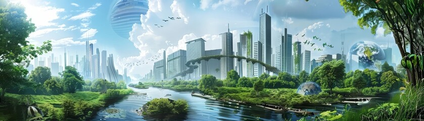 A beautiful painting of a futuristic city with a river running through it. The city is full of green trees and plants, and there are people walking around and enjoying the scenery.