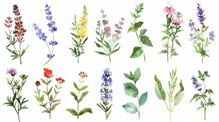 Vibrant Watercolor Herbs and Wildflowers on White Generative AI