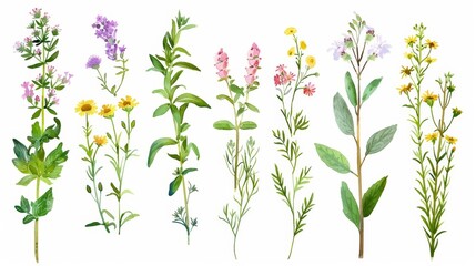 Vibrant Watercolor Herbs and Wildflowers on White Generative AI