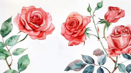 Watercolor Roses on White Background Template Generative AI