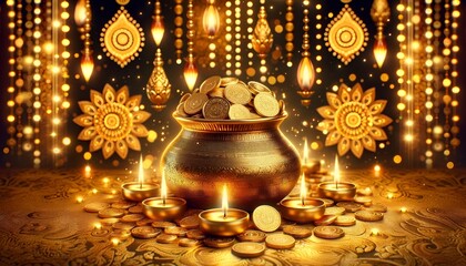 Akshaya tritiya celebration background with a pot filled with gold coins and beautiful decoration.