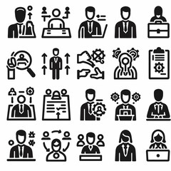  Human Resources icon set silhouette vector illustration White Background, Human Resources, Recruitment, Employment, business, office, company, management