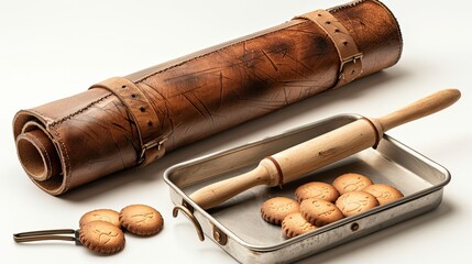 a tall wooden scroll box featuring a leather sleeve and rolling pin, accompanied by an open silver tray overflowing with delectable cookies, against a clean white backdrop.