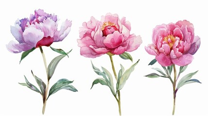 Fototapeta premium Watercolor Peony Flowers on White Background Generative AI
