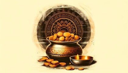 Akshaya tritiya grunge background with a pot with gold coins and burning lamp.