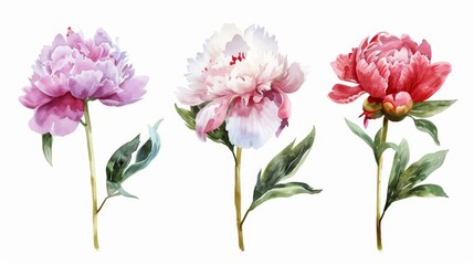 Watercolor Peony Flowers on White Background Generative AI