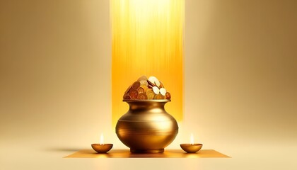 Akshaya tritiya celebration background with a pot with gold coins and lamps. - obrazy, fototapety, plakaty