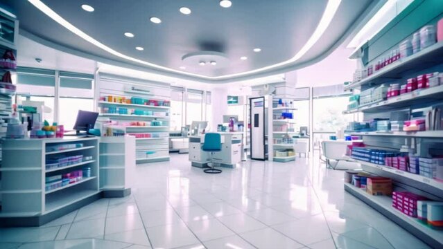 Interior of empty modern pharmacy shop background.