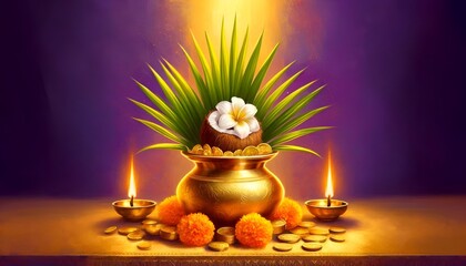 Akshaya tritiya celebration background with pot filled with gold coins and decoration.