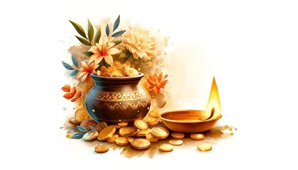 Akshaya tritiya watercolor card illustration with a pot with golden coins and decoration with copy space.