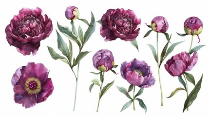 Delicate Dark Pink Peonies on White Background Generative AI