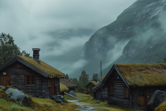 The most picturesque mountain valley in Europe, Innerdalen, is home to traditional wooden cottages with grass roofs in Norway. Landscape photography