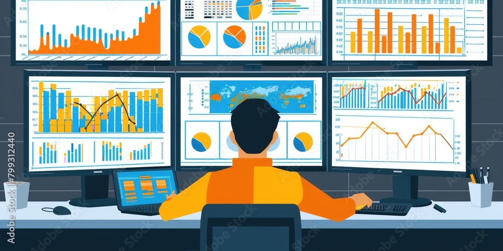 Poster worker looking at customer behavior chart while analyzing at computer and planning marketing strateg
