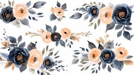 Watercolor Floral Frame with Navy and Peach Roses Generative AI