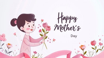 A cute kid is giving flowers to his mother. He has a happy facial expression and is smiling. There is text that says Happy Mother's Day.