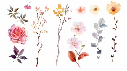 Watercolor Floral Elements on White Background Generative AI