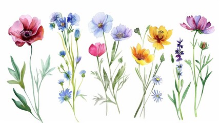 Watercolor Floral Illustrations on White Background Generative AI