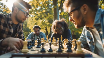 group playing chess on a park table, focusing on the chessboard and their thoughtful expressions, under tree shade