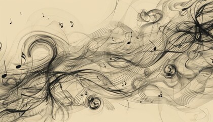 A sepia toned abstract painting of flowing lines and musical notes.