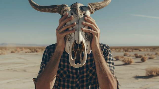 A man holding an animal skull in front his face, standing on the empty desert