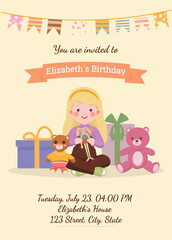  An invitation card for a little girl's birthday. On the card sits a little girl with a toy bunny, next to her sits a teddy bear and boxes of presents.The cards are ready to print. Vector illustration
