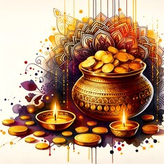 Akshaya tritiya watercolor illustration with a ornate pot and golden coins.