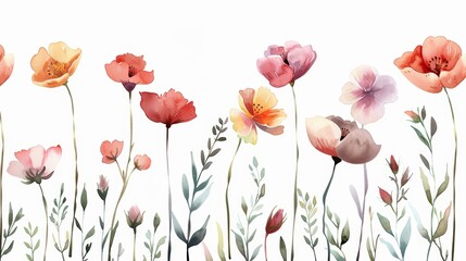 Watercolor Flowers on White Background Generative AI