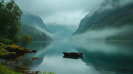 a boat is sitting on a lake surrounded by mountains and foggy skies in the distance