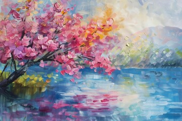 Obraz na płótnie Canvas A painting of a cherry blossom tree in bloom, with a lake in the foreground and mountains in the background