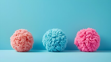 Fluffy Pom Pom balls against pastel background. - obrazy, fototapety, plakaty