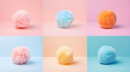 Fluffy Pom Pom balls against pastel background.