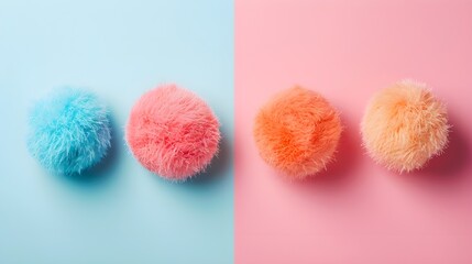 Fluffy Pom Pom balls against pastel background. - obrazy, fototapety, plakaty