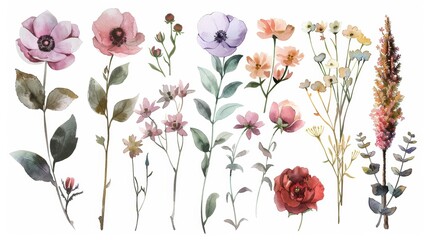 Delicate Floral Elements on White Background Generative AI